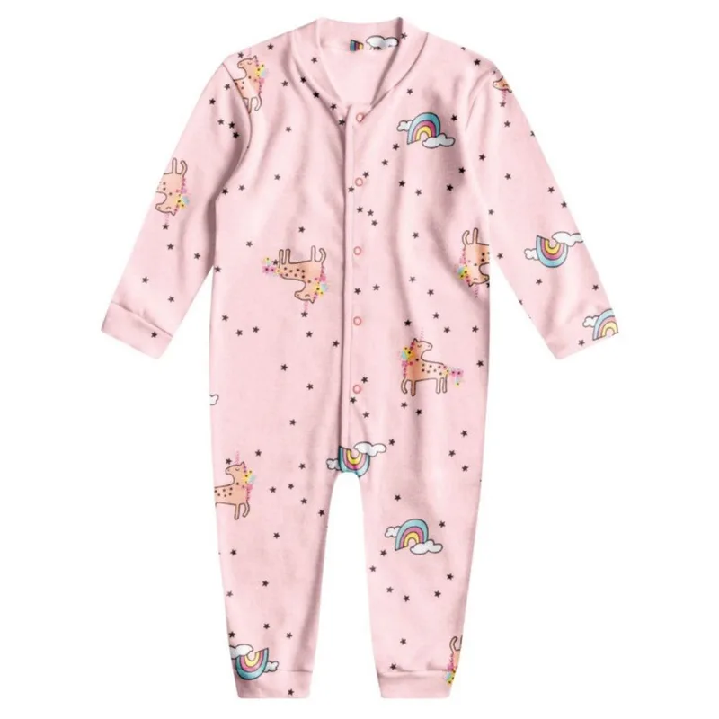 Macacão Longo Em Moletinho leve, Bebê Menina, Unicórnio, Rosa - Kamylus