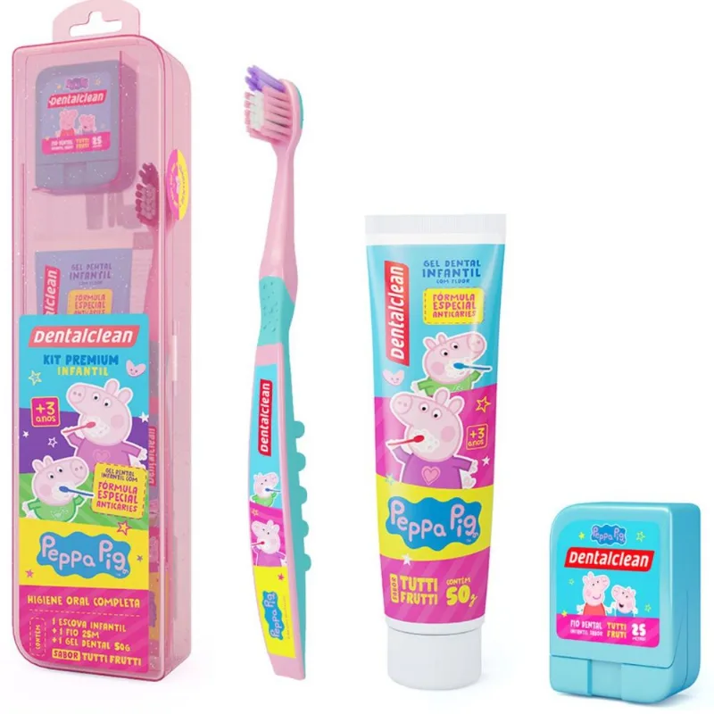 KIT PEPPA PIG ESCOVA + FIO DENTAL + GEL DENTAL - DENTALCLEAN ROSA