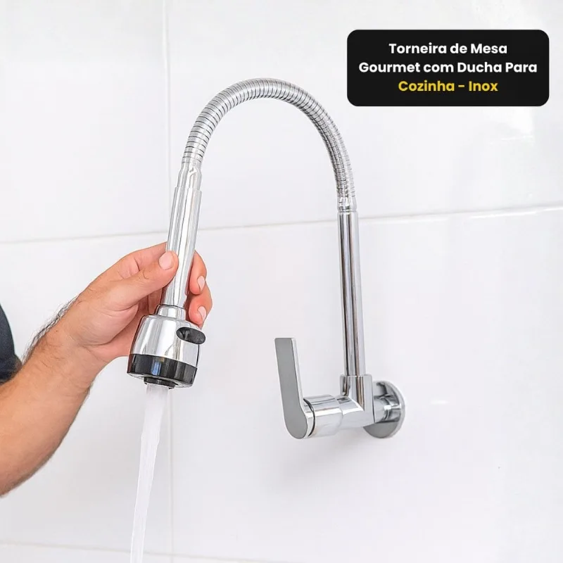 Torneira Gourmet de Parede com Ducha Para Cozinha - Inox