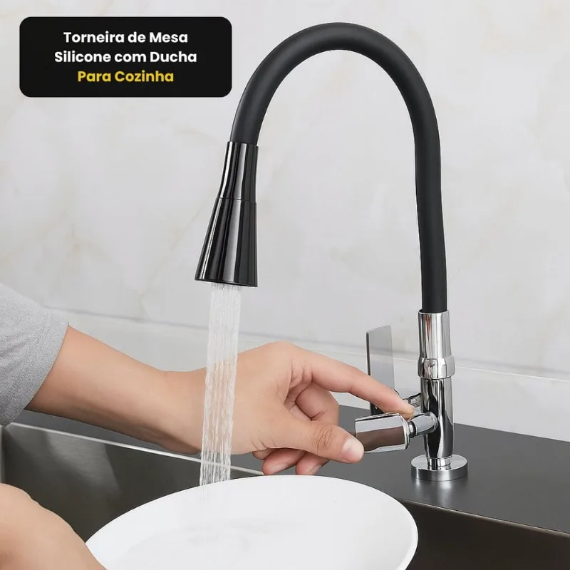 Torneira de Mesa Silicone com Ducha Para Cozinha - Preta
