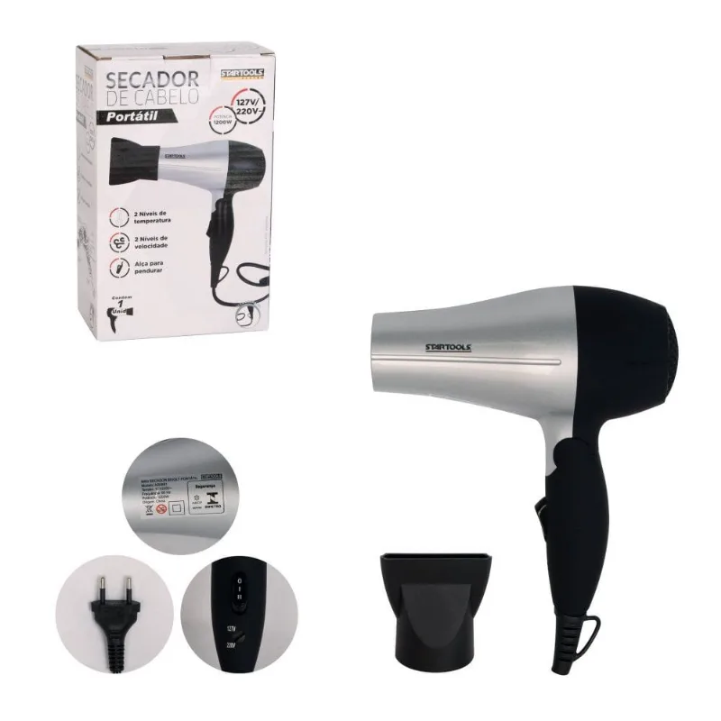 Secador de Cabelo Portátil 1200W Bivolt - Cinza