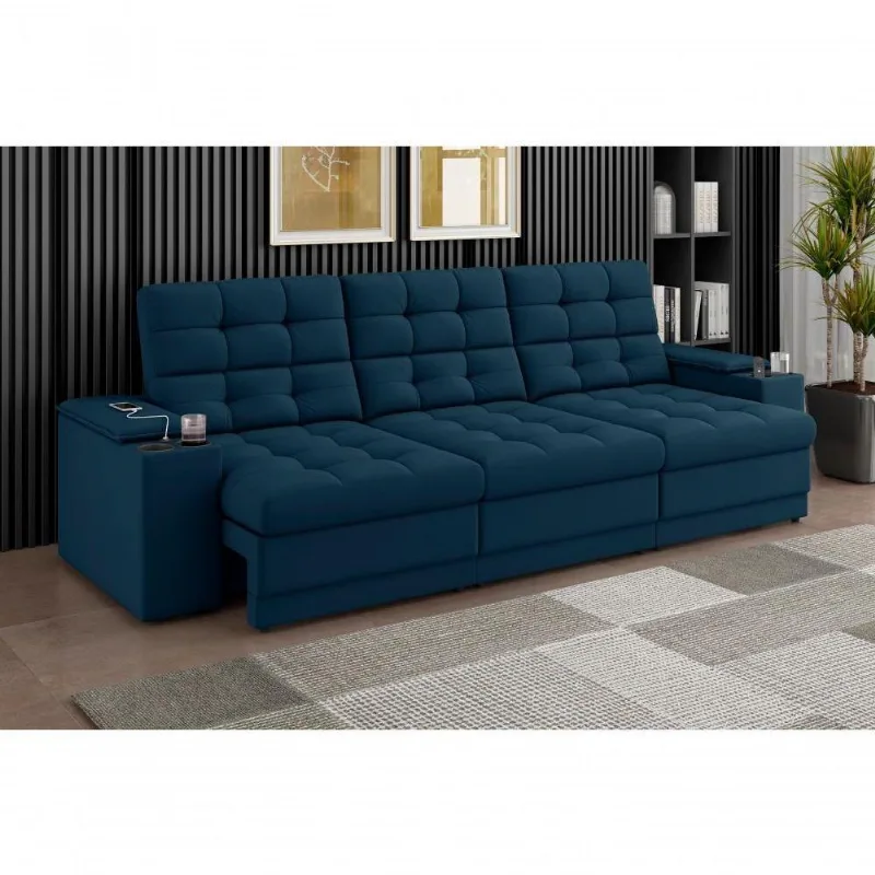 Sofá Confort Premium 2,30m Assento Retrátil/reclinável Porta Copos E Usb Suede Petróleo - Xflex Sofas