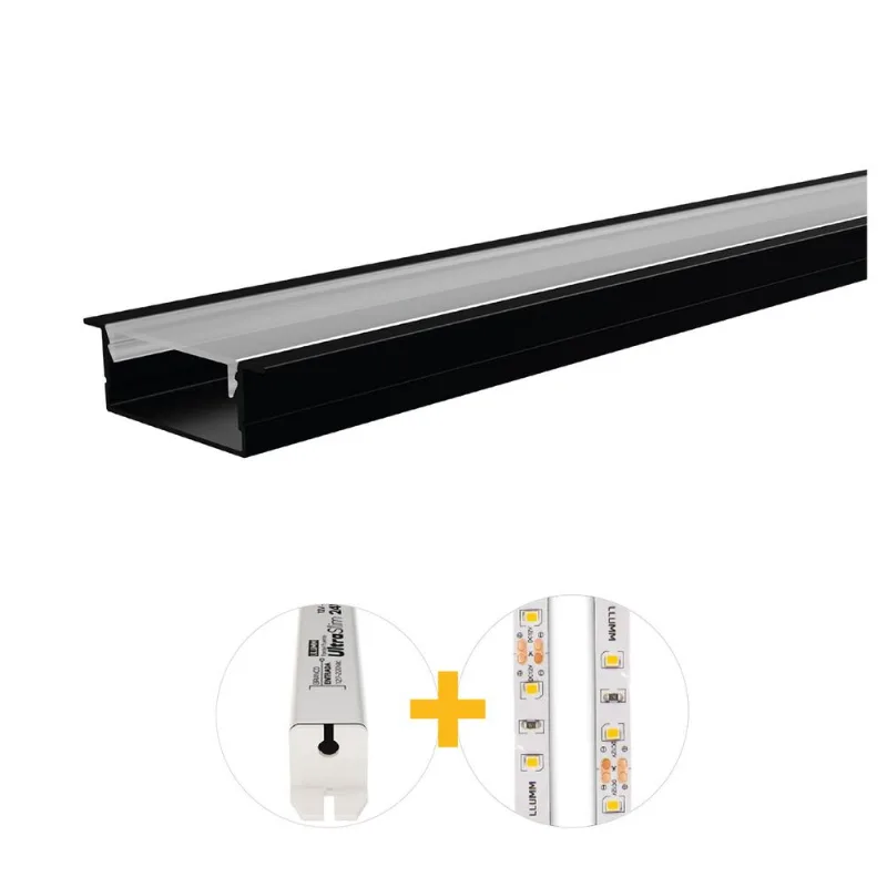 Kit Perfil Led Plug Play Emb Com Ft 10W/M 3000K E Fonte 12V 2A 1M Preto Llumm Bronzearte