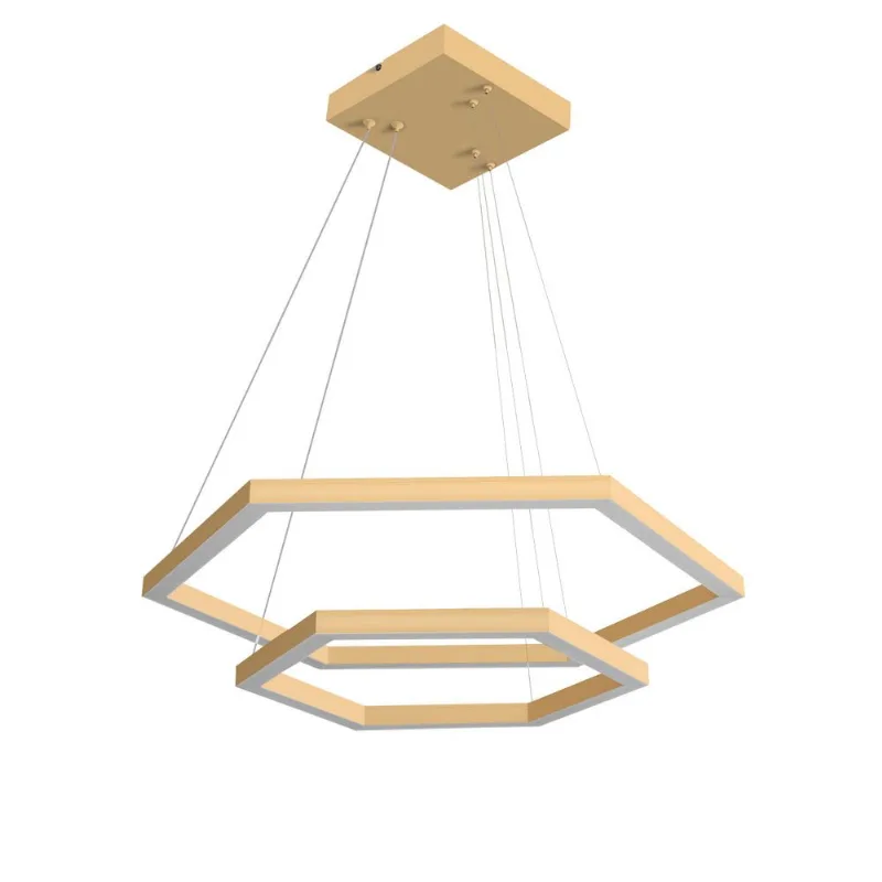 Pendente Hexagonal Led 75W3K 2 Aros 800X600Mm Bivolt Dourado Perfiline Bronzearte