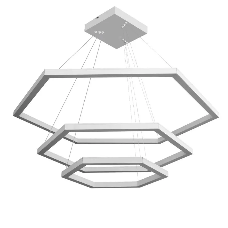 Pendente Hexagonal Led 95W 3K 3 Aros 800X600X400Mm Bivolt Branco Perfiline Bronzearte
