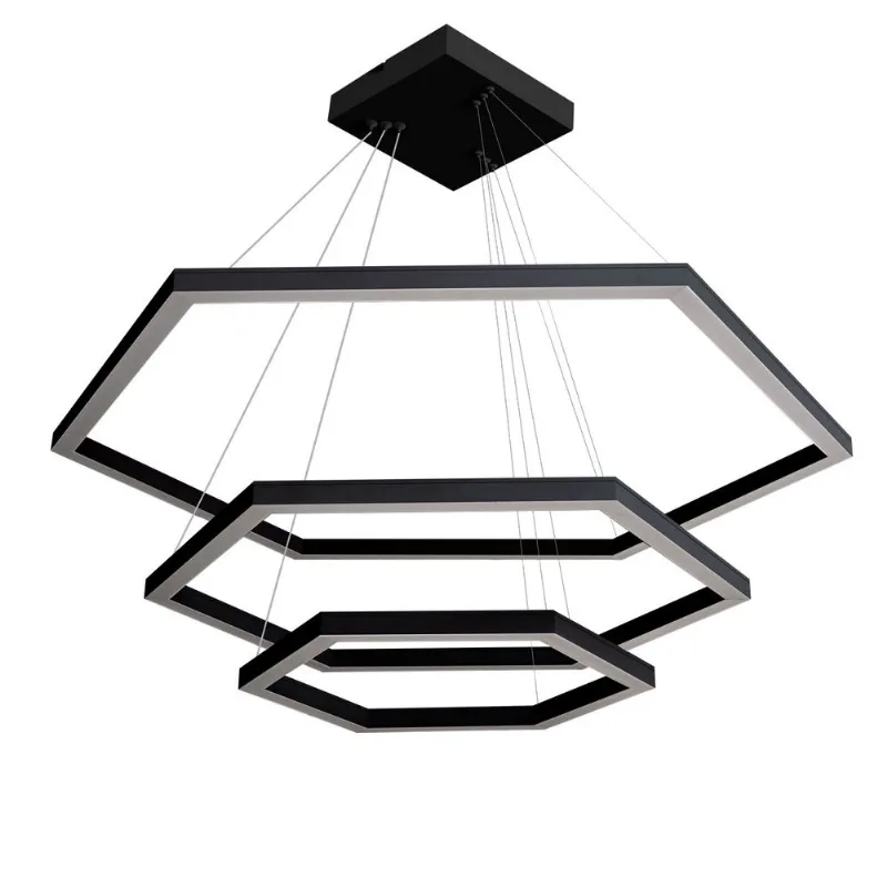 Pendente Hexagonal Led 95W 3K 3 Aros 800X600X400Mm Bivolt Preto Perfiline Bronzearte