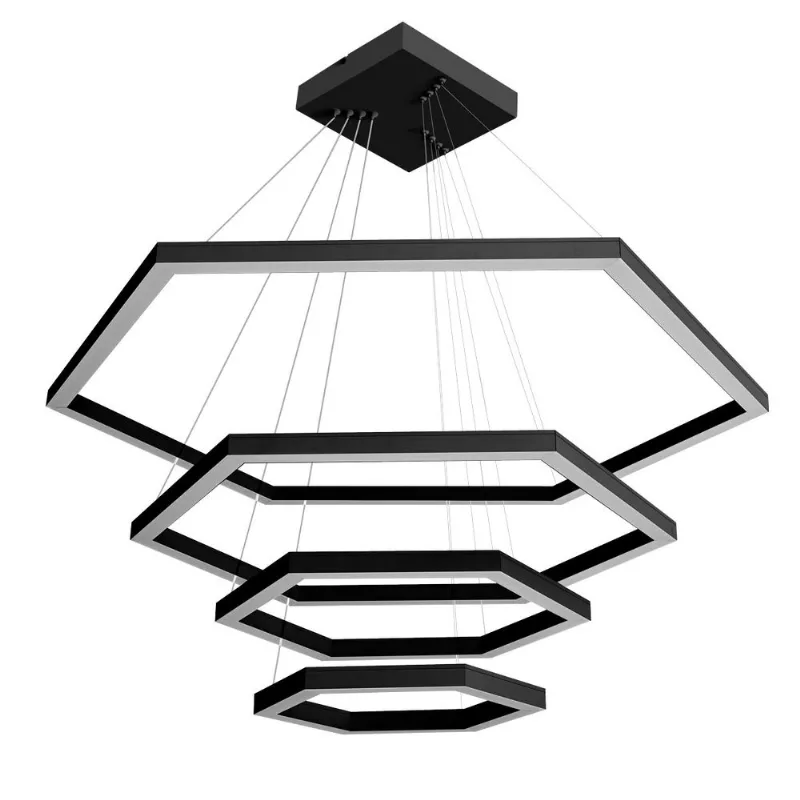 Pendente Hexagonal Led 110W3K 4 Aros 800X600X400X300Mm Bivolt Preto Perfiline Bronzearte