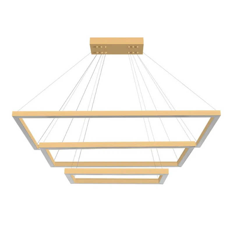 Pendente Retangular Led 140W 3K 3 Aros 120X80X60Cm Bivolt Dourado Perfiline Bronzearte