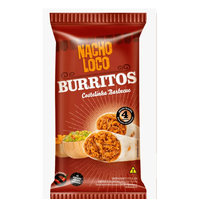 Massa de Trigo Tipo Tortilha Burrito Recheio de Carne Suína Costelinha e Molho Barbecue Nacho Loco Pacote 400g 4 Unidades