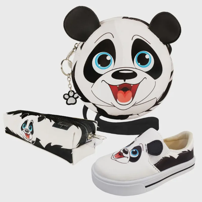 Kit Infantil Bolsa, Tênis e Estojo Panda Feliz, Magicc Kids
