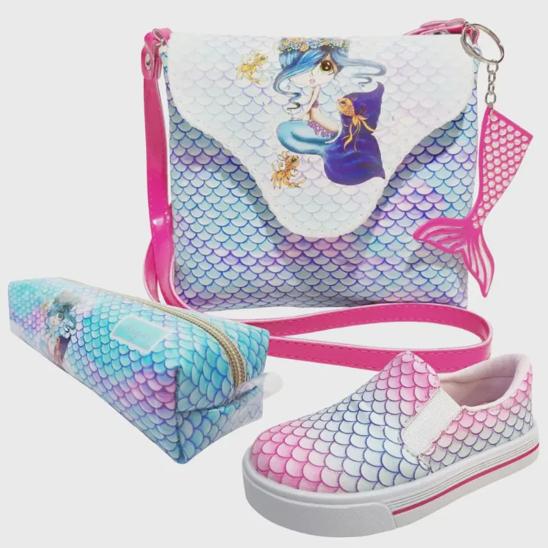 Kit Infantil Bolsa, Tênis e Estojo Sereia Azul, Magicc Kids