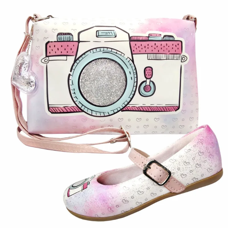 Kit Infantil Feminino Sapatilha e Bolsa Máquina Fotográfica, Magicc Kids