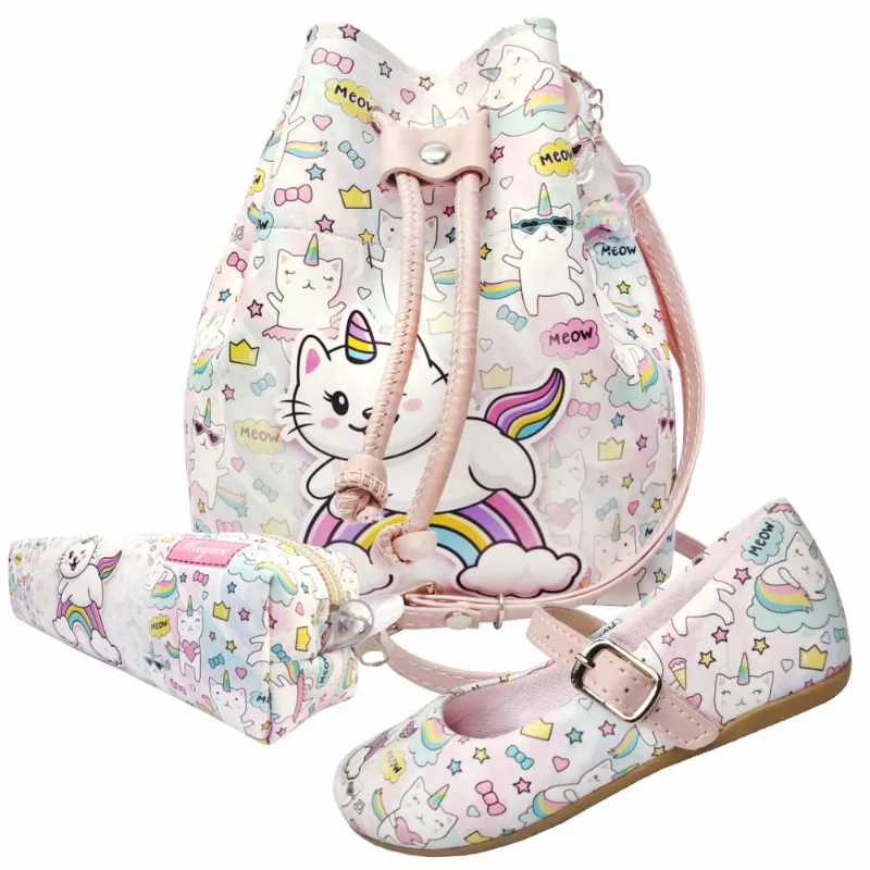Kit Infantil Feminino Sapatilha, Bolsa E Estojo Gatinho Arco-Íris, Magicc Kids
