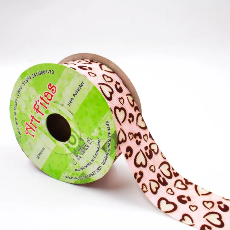 FITA GORGURÃO CORAÇÕES ART FITAS 38MM EM POLIESTER COM 10 METROS 217 - Rosa Bebe Z17