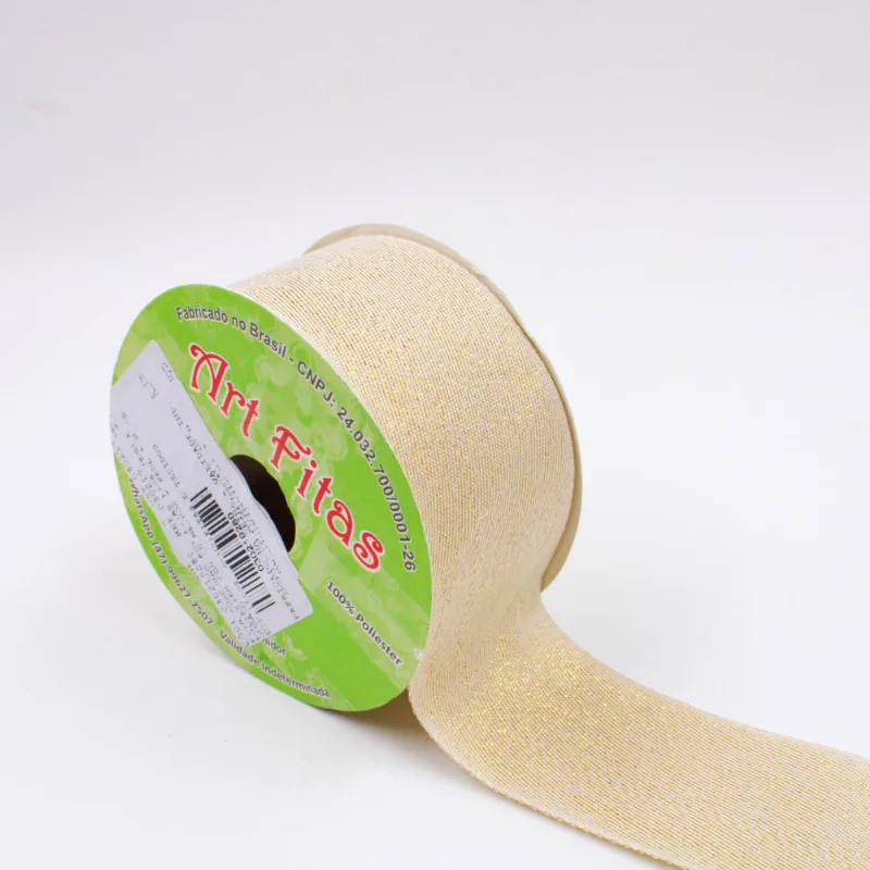FITA GORGURÃO ART FITAS FT08 38MM EM POLIESTER COM 10 METROS Bege + Dourado