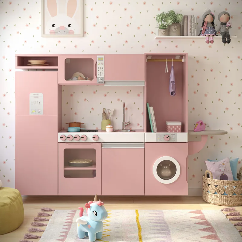 Cozinha Infantil Luli c/ Refrigerador, Fogão, Micro ondas, Máq. Lavar/Tabua Passar Rosê - ofertamo