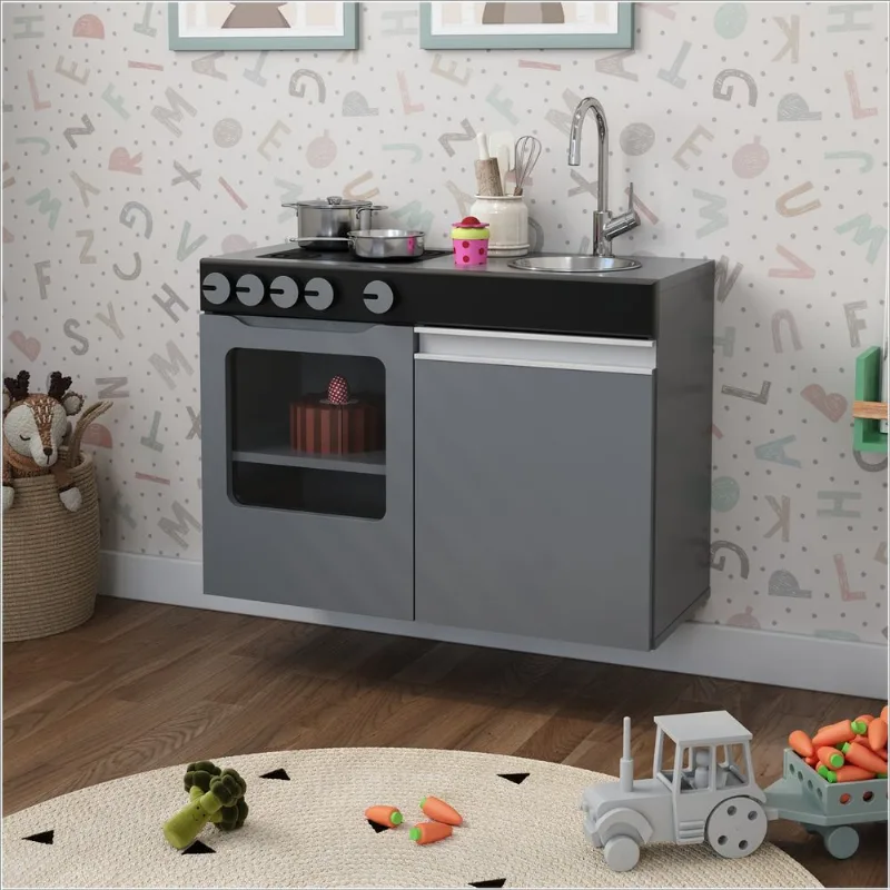 Mini Cozinha Infantil Luli Com Pia e Fogão Cinza e Preto