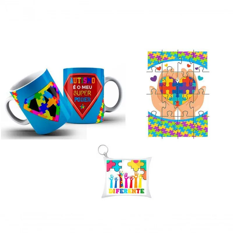Kit Caneca Meu Poder É Autismo + Chaveiro + Quebra-cabeça