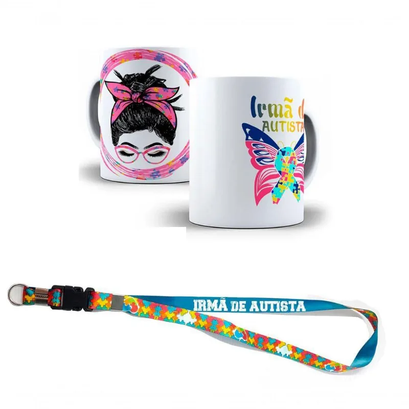 Kit Presente Irmã De Autista Com Caneca + Chaveiro E Cordão