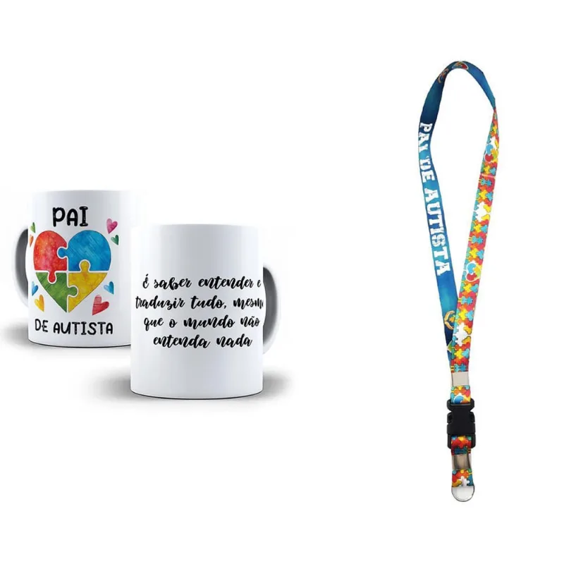 Kit Presente Pai De Autista Caneca Chaveiro E Cordão Puzzle