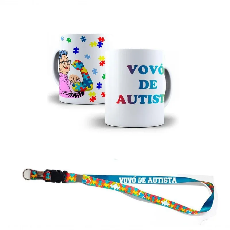 Kit Sou Vovó De Autista Caneca + Chaveiro E Cordão Puzzle