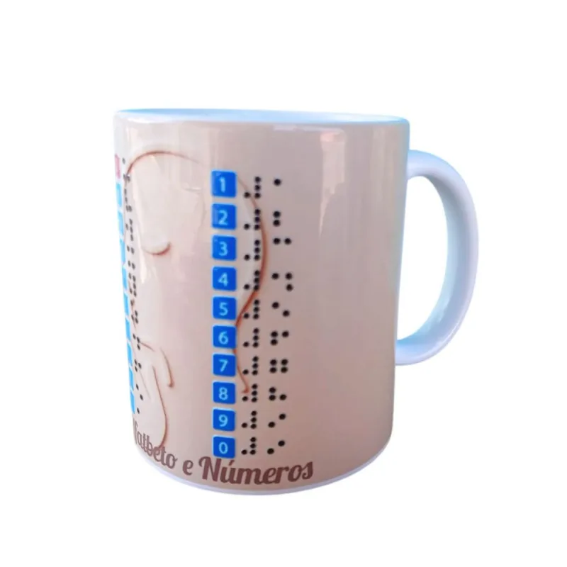 Caneca personalizada em Braile alto relevo com Alfabeto e Números