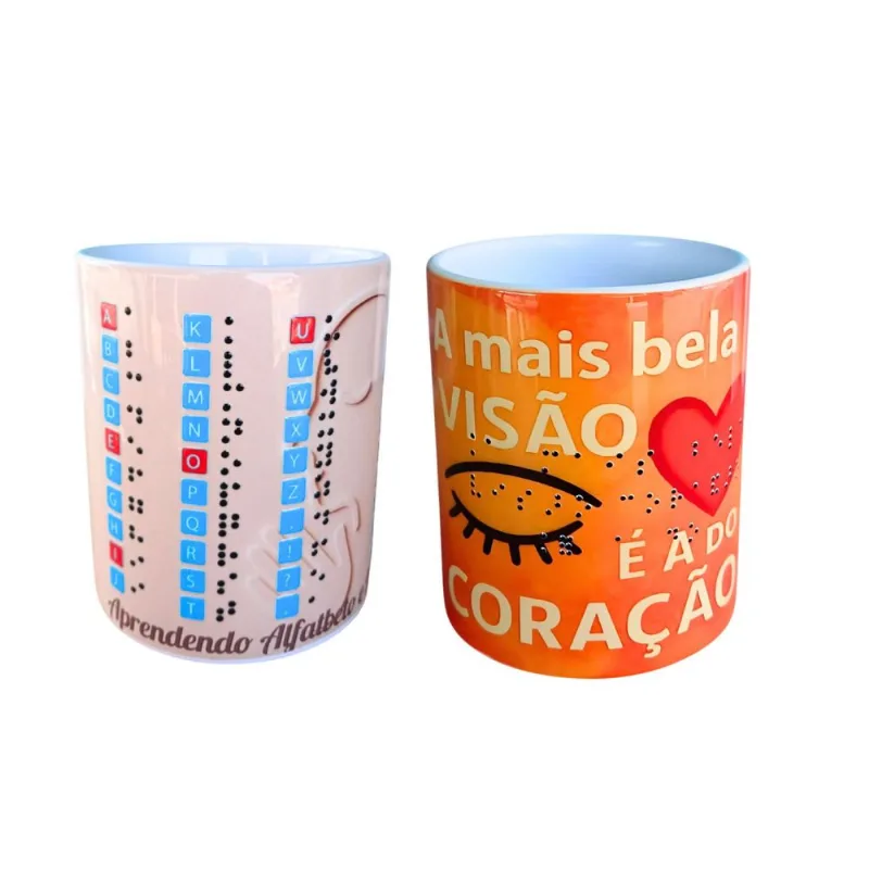 Kit Presente 2 Canecas Acessibilidade em Braile alto relevo Frase e Aprendendo o alfabeto