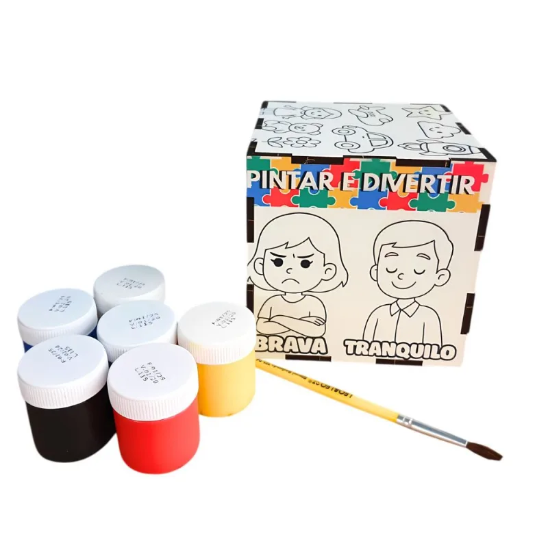 Cubo de Emoções para Colorir com Tinta Guache e Pincel Kit Infantil Divertido