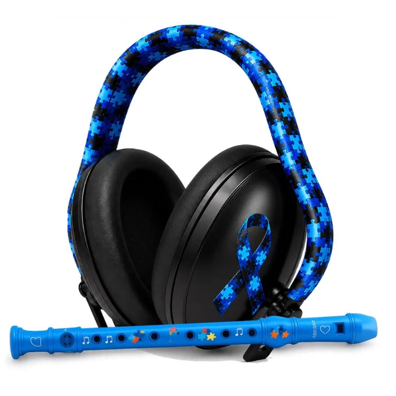 Abafador auditivo 14 db TEA com arco black blue e Flauta doce aprender a tocar