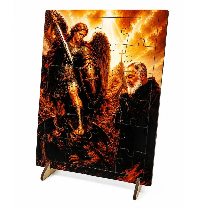 Quebra-Cabeça Porta Retrato Decorativo 24 Peças São Miguel e Padre Pio