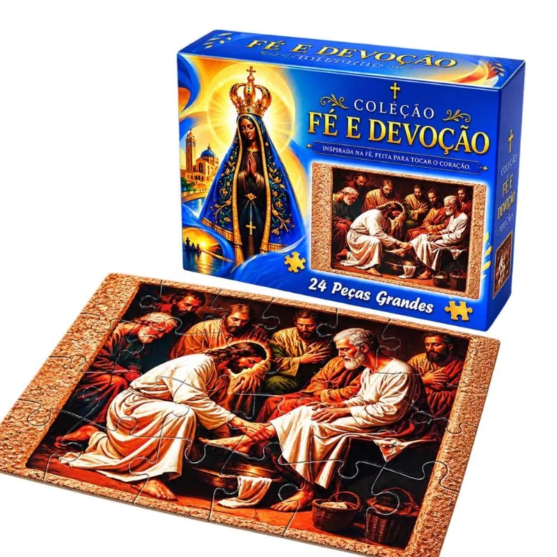 Quebra-cabeça 24 Peças Arte Sacra Lavando os Pés para Idosos Peças Grandes