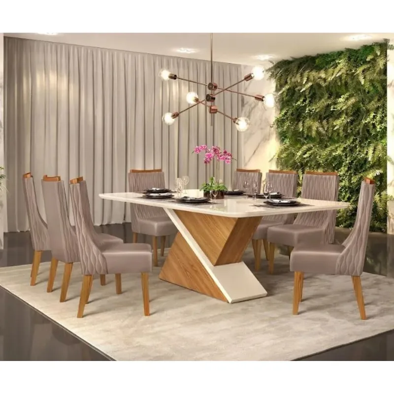 Conjunto Mesa de Jantar 81,5cm x 200cm 8 Cadeiras DJ Móveis | Carvalho Nobre/Off White