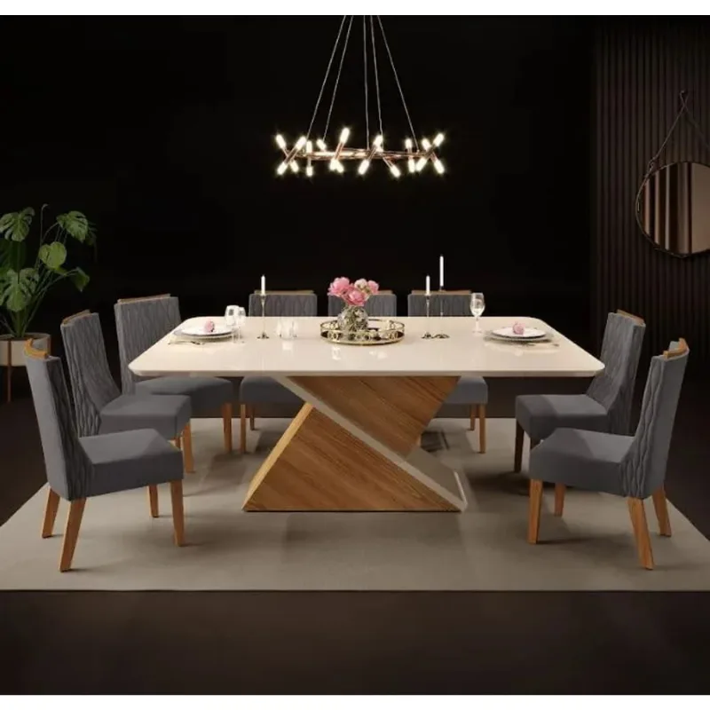 Conjunto Mesa de Jantar 81,5cm x 200cm 8 Cadeiras DJ Móveis | Carvalho Nobre/Off White/Cinza
