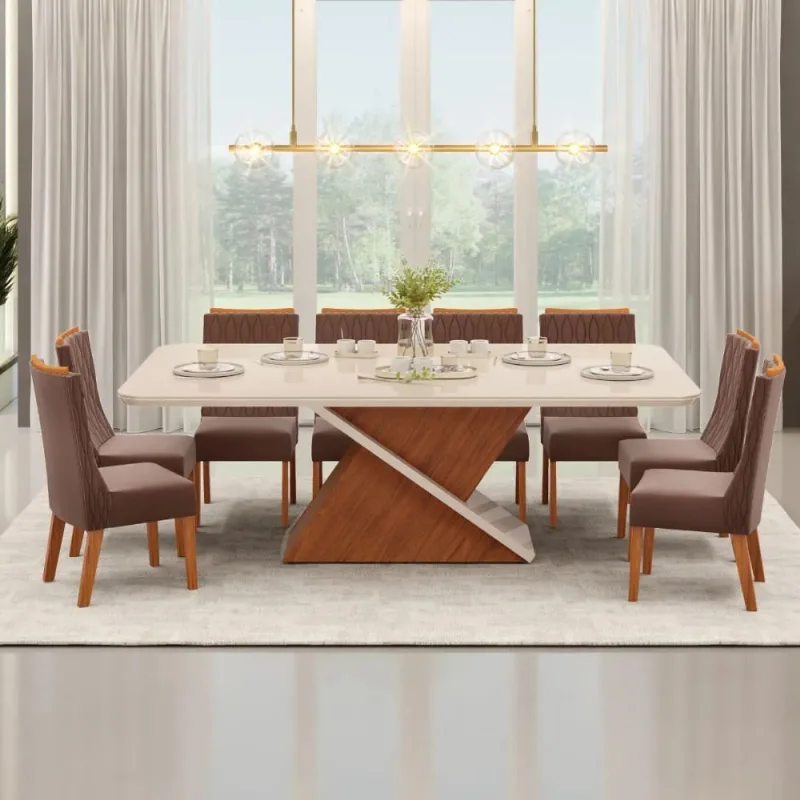Conjunto Mesa de Jantar 81,5cm x 200cm 8 Cadeiras DJ Móveis | Freijo/Off White/Moca