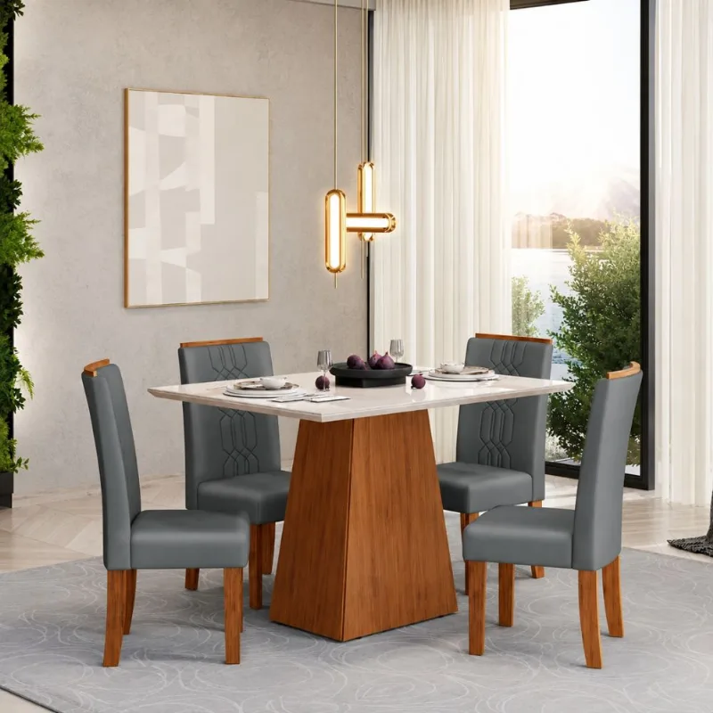 Conjunto de Mesa Tampo de Vidro 4 Cadeiras Zoe Dulce DJ Moveis 120x90cm Conjunto de Mesa 4 Cadeiras Zoe Dulce DJ Moveis 120x90cm | Freijo/Off White/Cinza