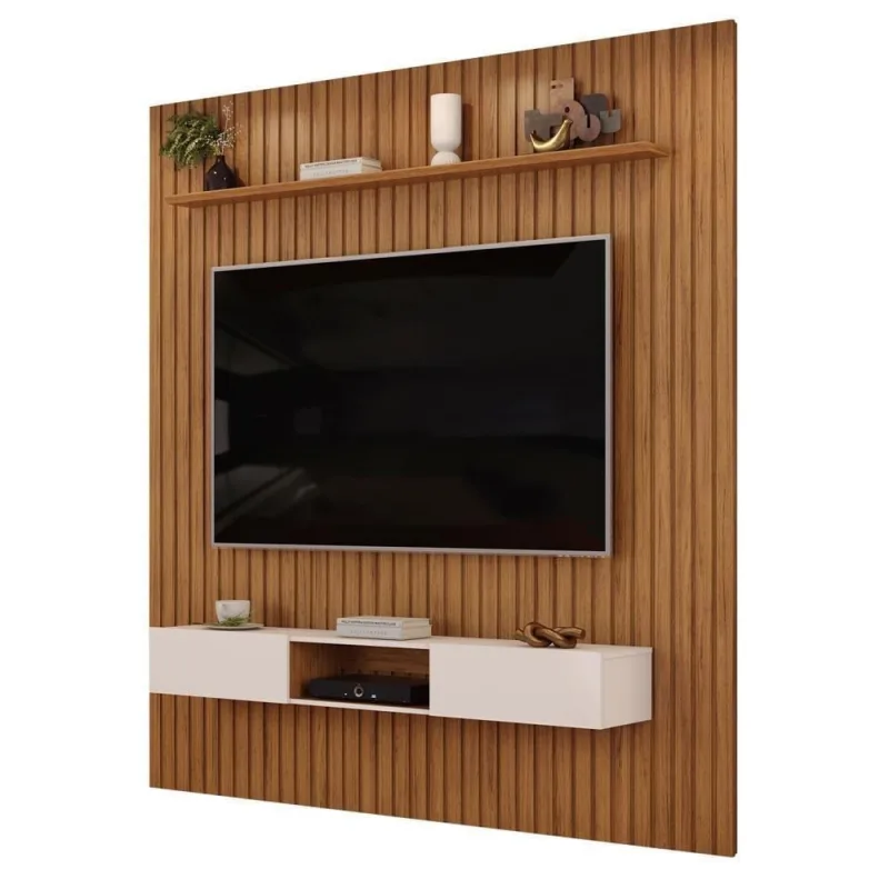 Painel com Bancada Suspenso para TV Trento 223 223CM MDF Ripado Off White DJ Móveis - Dj Móveis - Agro