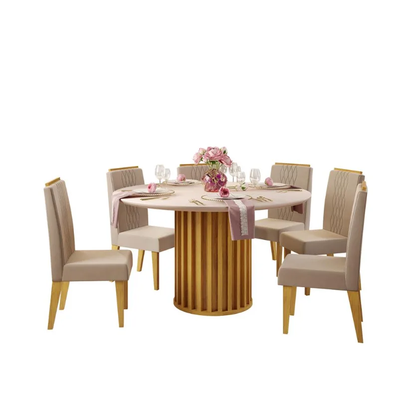 Mesa de Jantar 6 Lugares Com Tampo Chanfrado Redondo Com Vidro Pintado Viena 20633 DJ Móveis