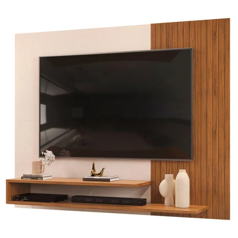 Painel Para Tv Até 50 Polegadas Detalhe Frisado Com Prateleiras Gael Madeirado/off White - Dj Móveis - Móveis