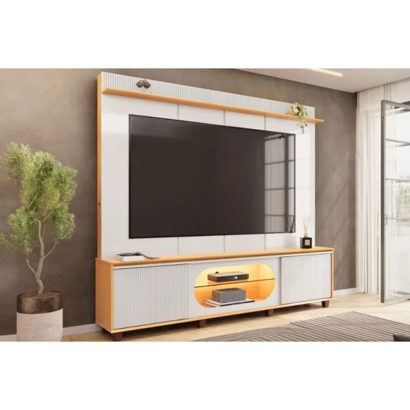 Rack com Painel para TV 75 Pol Maia 208CM MDF MDP LED Amadeirado DJ Móveis - Dj Moveis