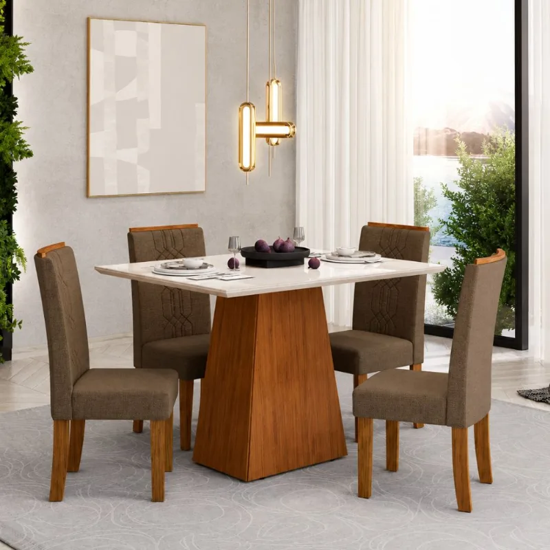 Conjunto de Mesa Tampo de Vidro 4 Cadeiras Zoe Dulce DJ Moveis 120x90cm Conjunto de Mesa Dulce DJ 1,20X0,90 com 4 Cadeiras Zoe | Freijo/Off White Canela (S/V)