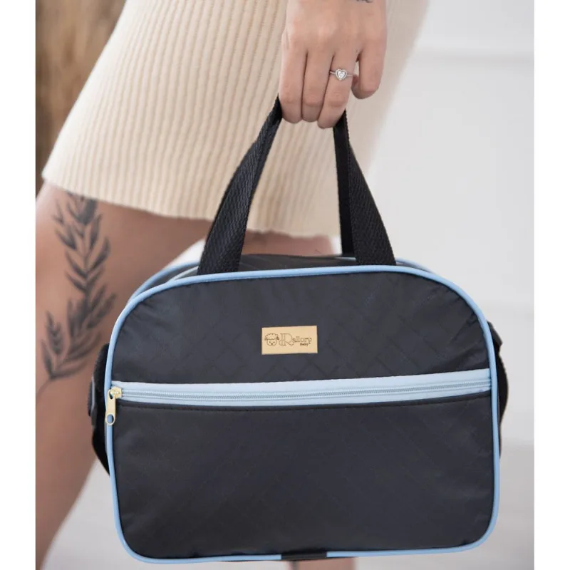 Bolsa Maternidade Bebê Pequena Para Passeio Luxo Preto com Azul