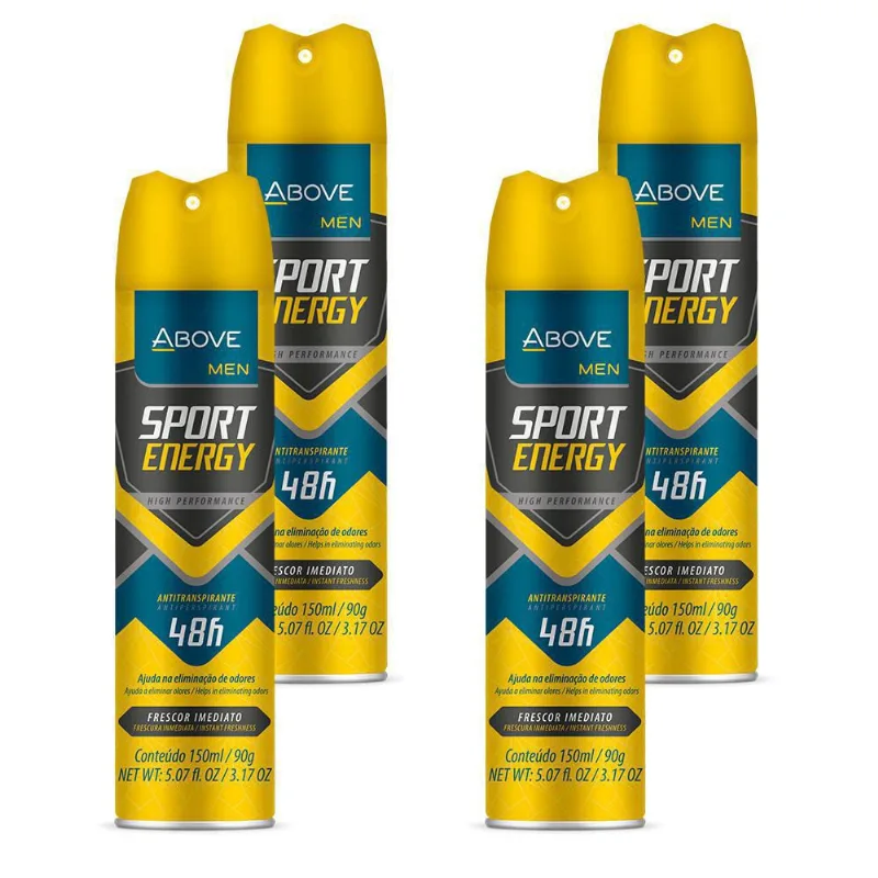 Kit 4 Desodorantes Aerossol Above Men Sport Energy 48H 90G