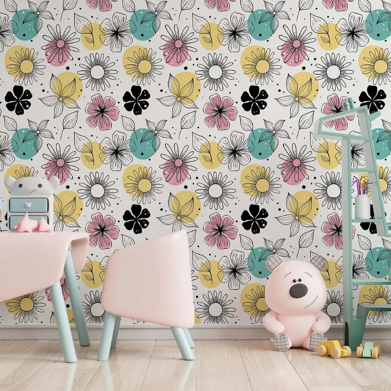 Papel De Parede Adesivo Infantil Flores Coloridas 2,80m