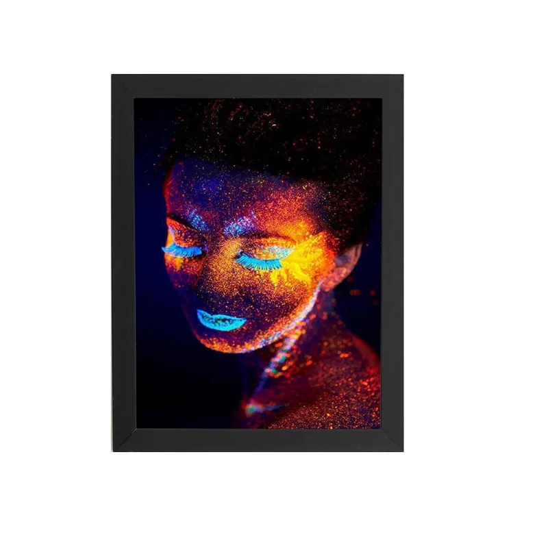 Mulher Maquiagem Neon Azul Quadro Moldura Preta 60X40Cm