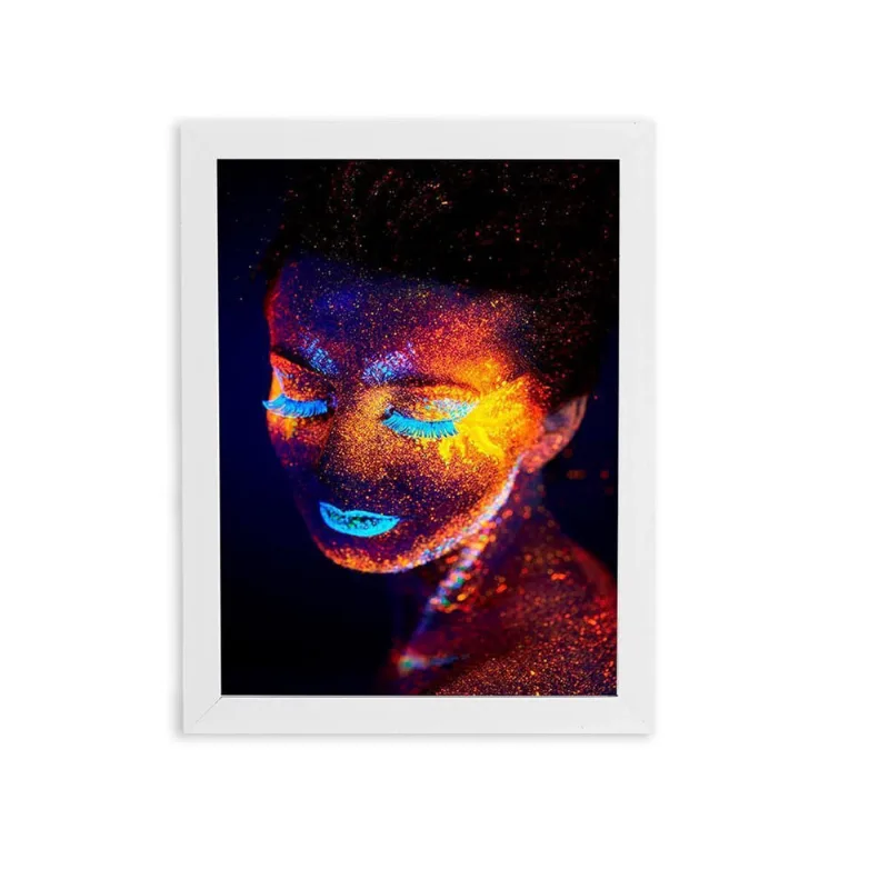 Mulher Maquiagem Neon Azul Quadro Moldura Branca 60X40Cm