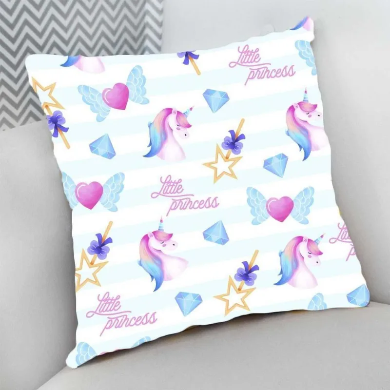 Almofada Cheia com Zíper 25x25 Princesa e Unicórnio