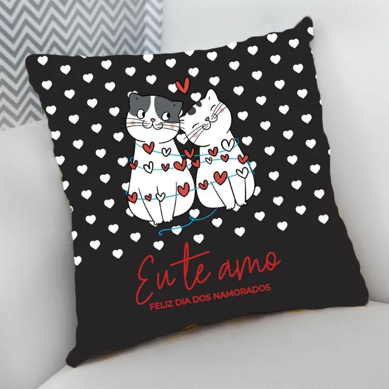 Almofada Decorativa Cheia com Zíper 40x40 Gatinhos Namorados - DELUZZ