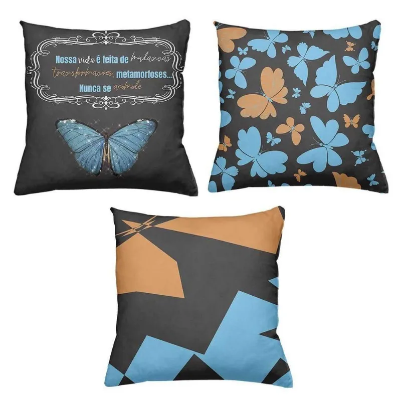 Kit 3 Almofadas Decorativas Cheias 40 X 40 Borboletas - DELUZZ