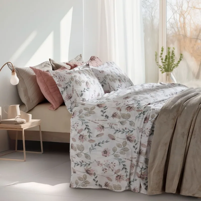 Jogo de Cama Casal 300 Fios 4 Peças Corttex Living Art Floral Bege - Corttex