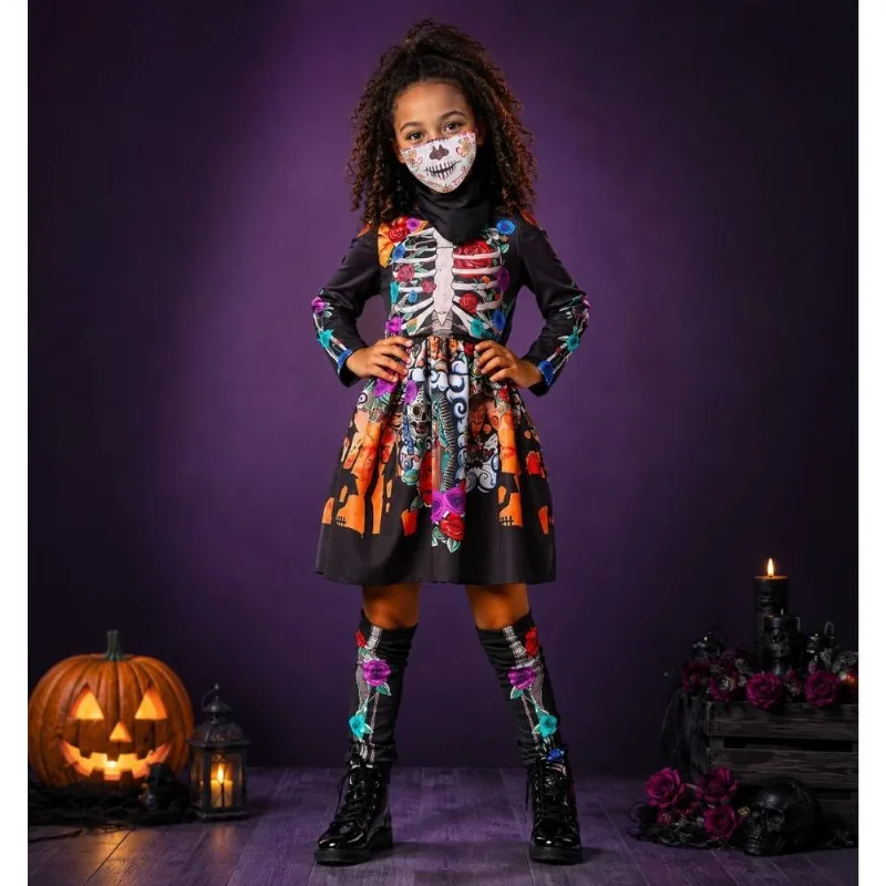 Fantasia de Caveira Mexicana Menina Com Acessórios G 9 - 10 Fantasia Caveira Mexicana Infantil Completa de Halloween G / Preto
